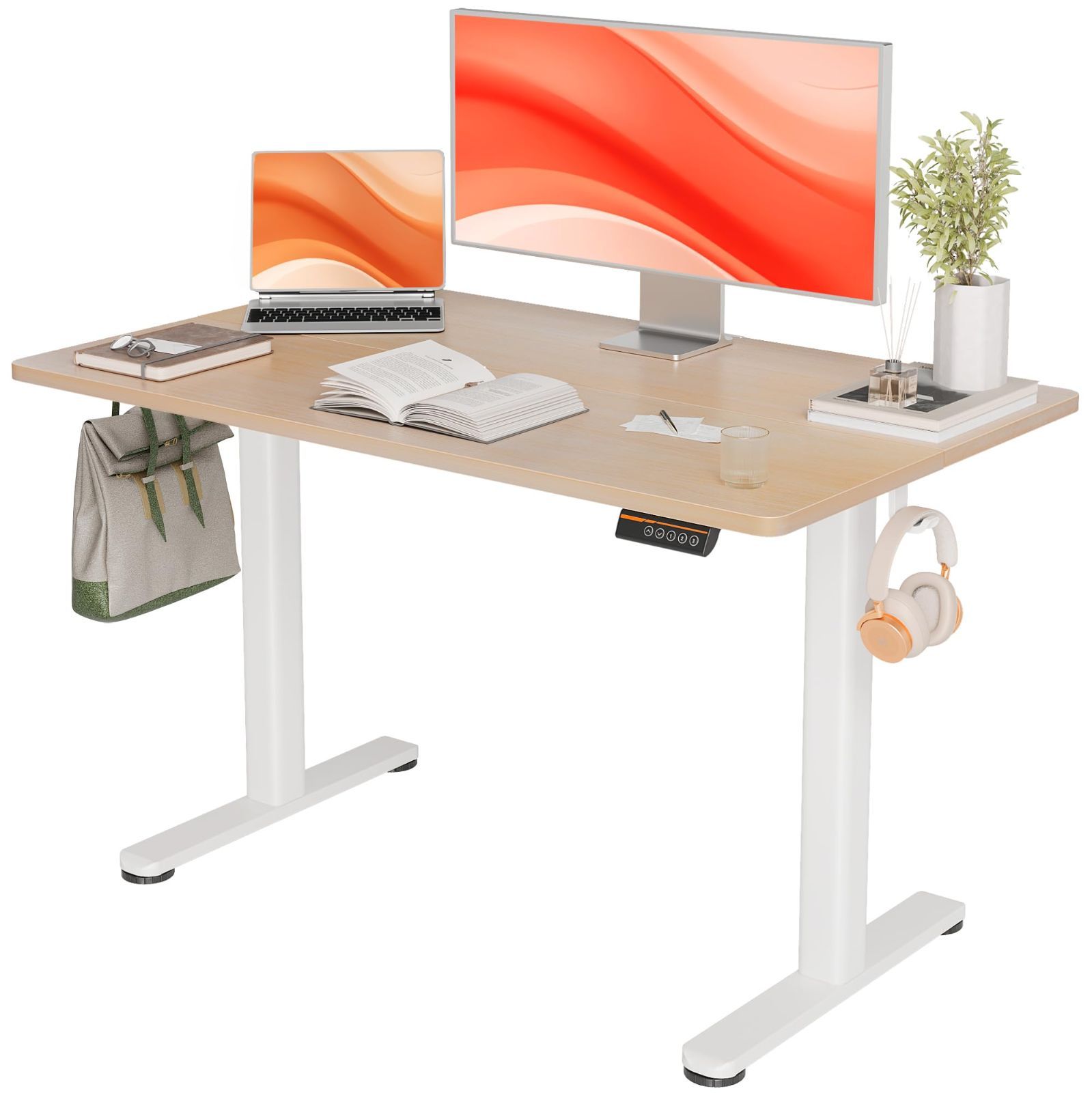 昇降式 パソコンデスク 電動 オフィスデスク スタンディングデスク 幅120cm 奥行き60cm 向け 昇降デスク ホワイトフレーム ナチュラル天板 Claiks