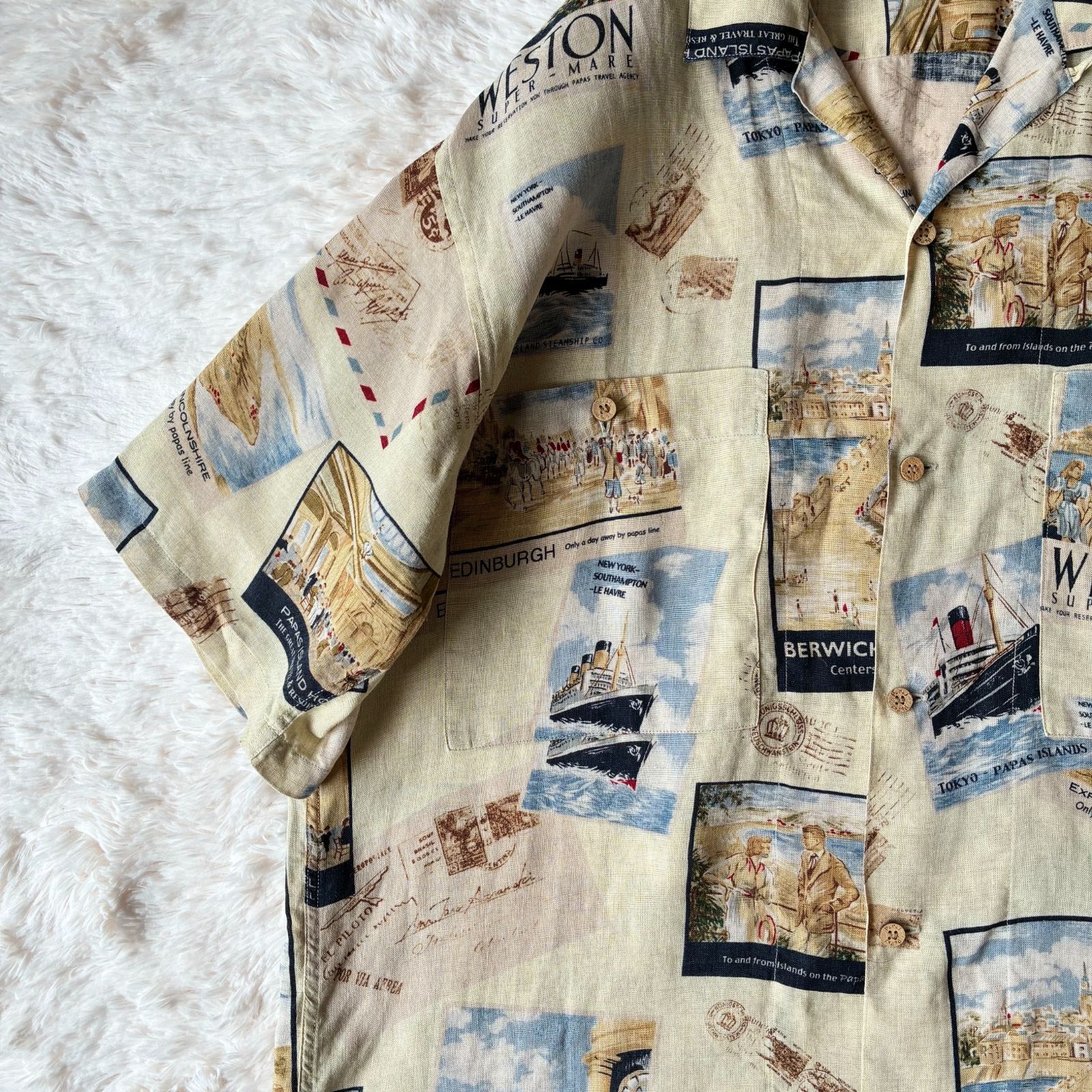 パパス 美品 papas オープンカラーリネンシャツ M ベージュ 万年筆 パパス 美品 papas オープンカラーリネンシャツ M ベージュ