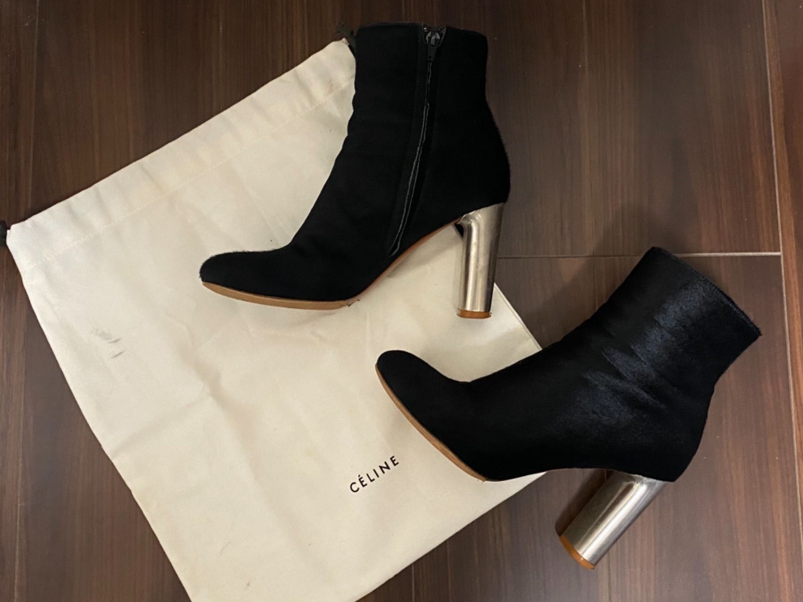 old celine】オールドセリーヌポニーヘアショートブーツブラック 