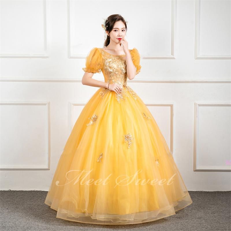 ドレス プリンセスライン イエロー パフスリーブ ロングドレス ウェディングドレス 結婚式 二次会 花嫁 前撮り 演奏会 発表会 中高生