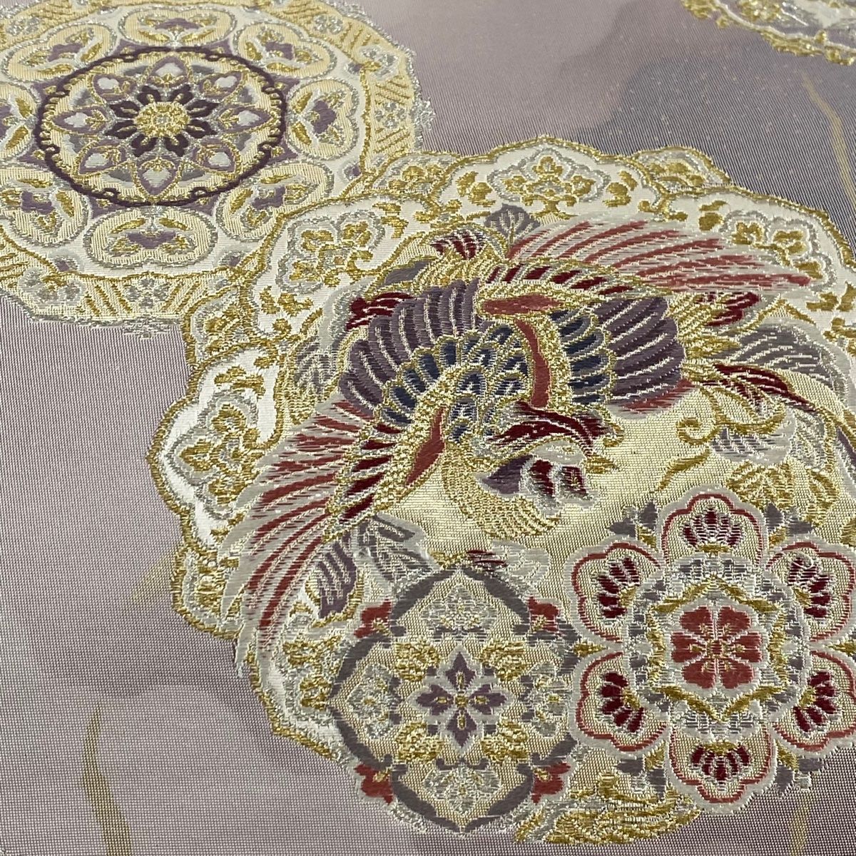 袋帯 美品 秀品 関西仕立て 華文 鳥 金銀糸 箔 灰紫 六通 正絹