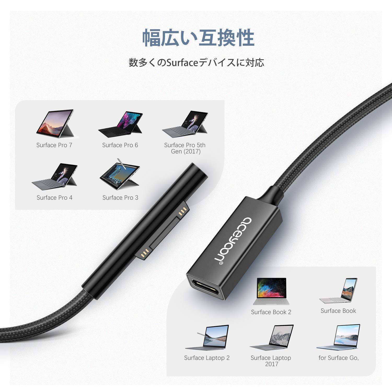 aceyoon Surface 用 USB-C 充電ケーブル 0.2m 3A PD 急速充電ケーブル