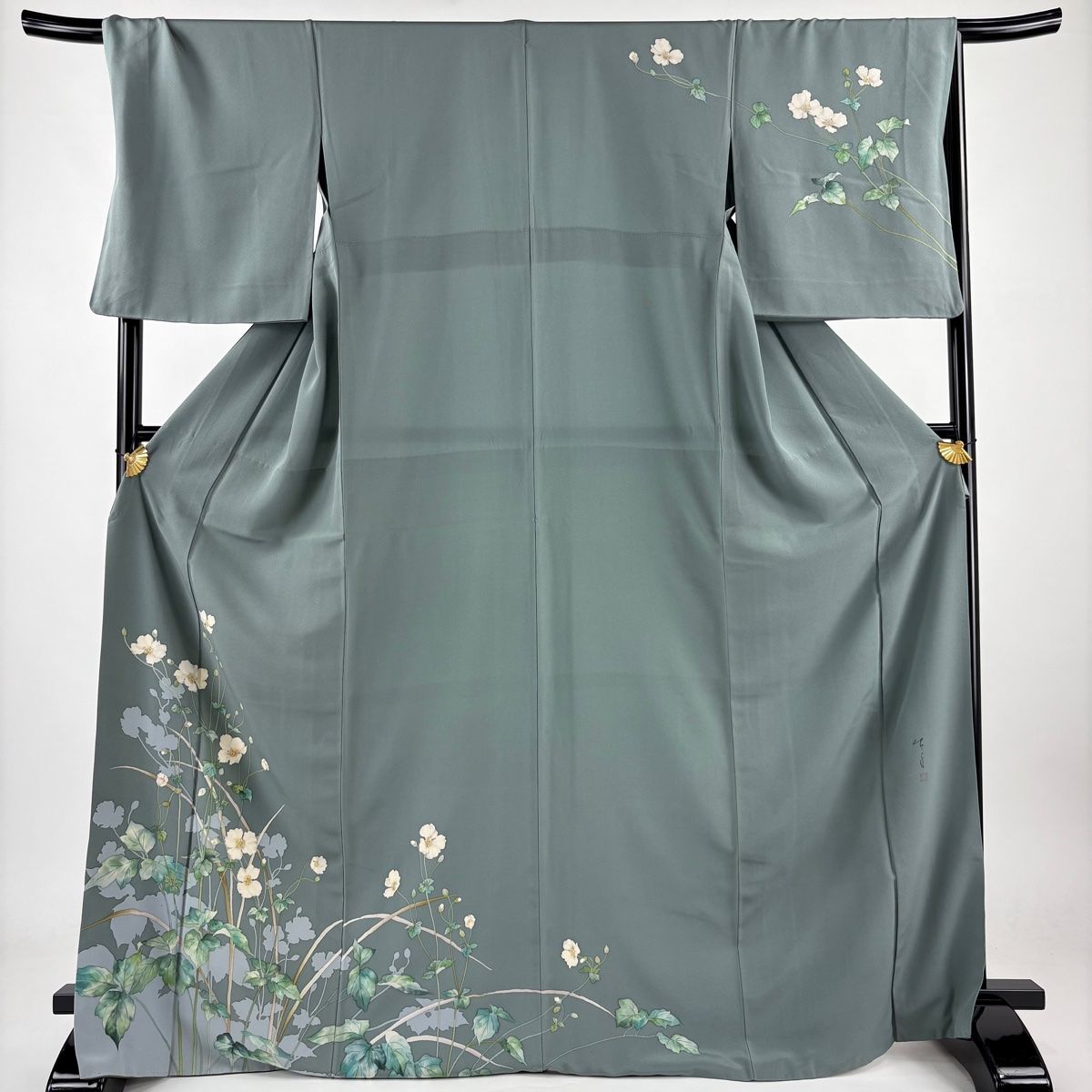 訪問着 身丈171cm 裄丈68.5cm L 袷 一色生子 胴抜き 落款 草花 シルエット 灰緑 正絹 秀品