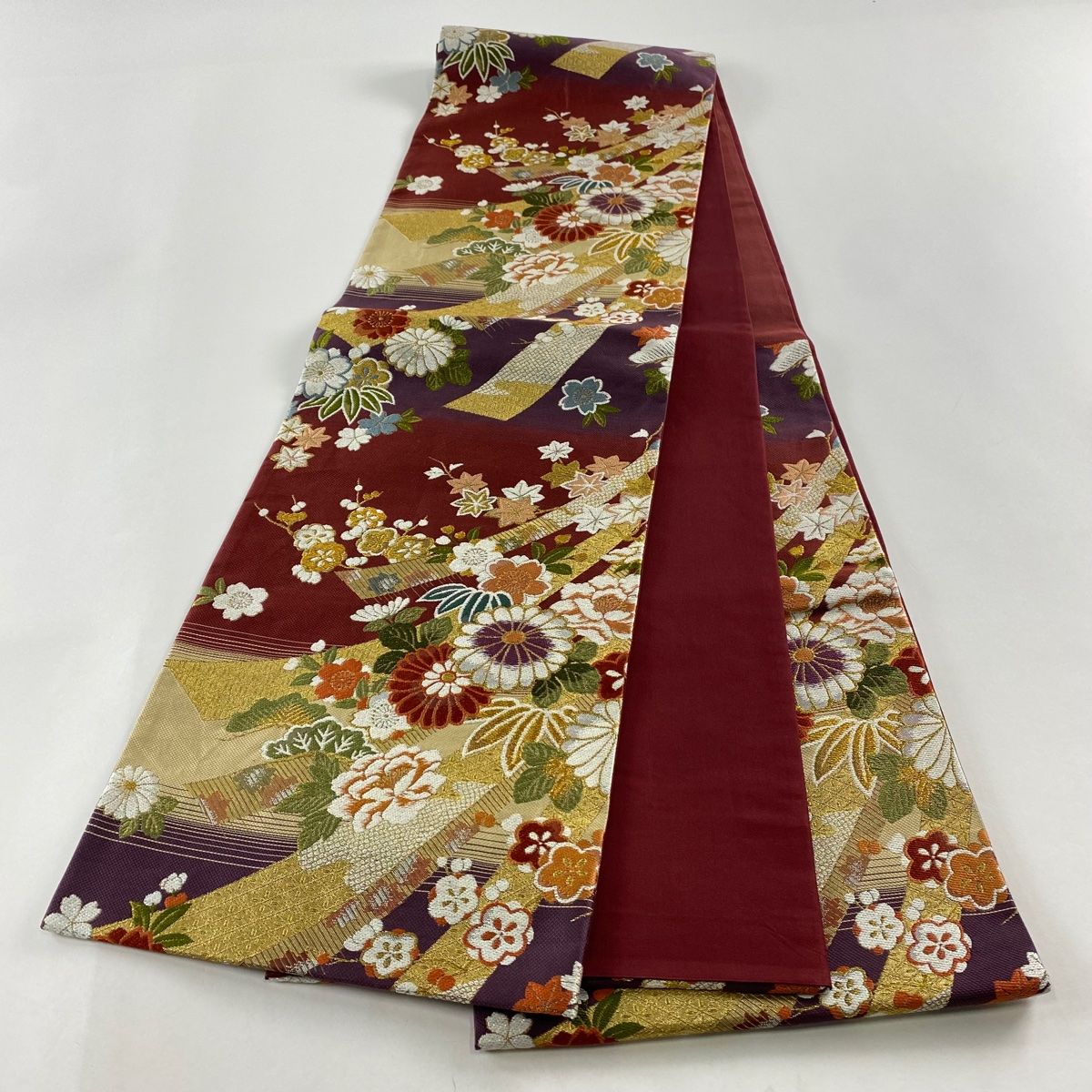 袋帯　絹 袋帯 美品 名品 やまと 草花 熨斗 金糸 箔 えんじ色 六通 正絹