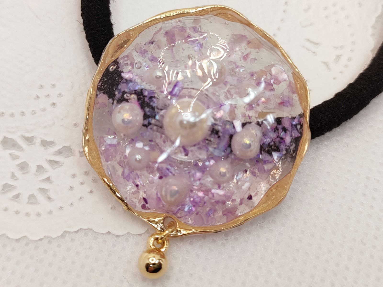 旧★レジンヘアゴム ビジュー　パープルピンク　シェル　豪華　パール No.41】レジンヘアゴム パープル×シェル×パール ゴールド縁取り 揺れる