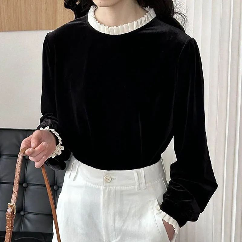 ブラウス レディース ベロア トップス 春 秋 無地 フリル襟 ブラウス 長袖 Tシャツ フリル袖 フェミニン 着回し シンプル おしゃれ 大人 カジュアル こなれ感 春 光沢感 大人可愛い オフィス 