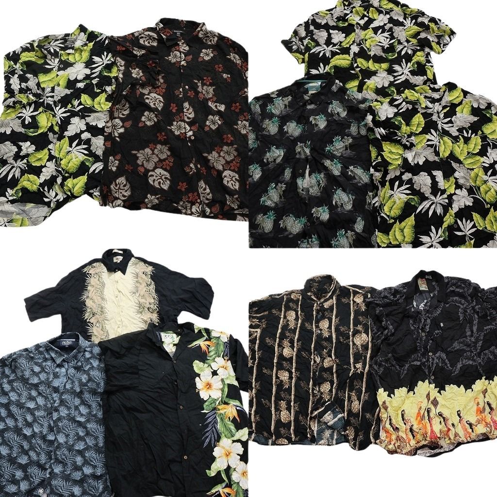 古着卸 黒ボディ アロハシャツ 半袖シャツ 10枚セット メンズ XL ハイビスカス パイナップル リーフ柄 古着 NA3260