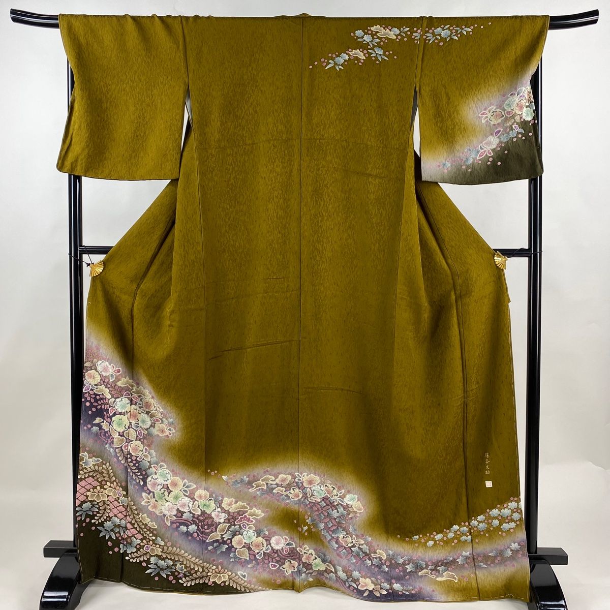 訪問着 身丈170cm 裄丈69cm L 袷 辻が花 売り払っ 金彩 ぼかし 黒 正絹 美 