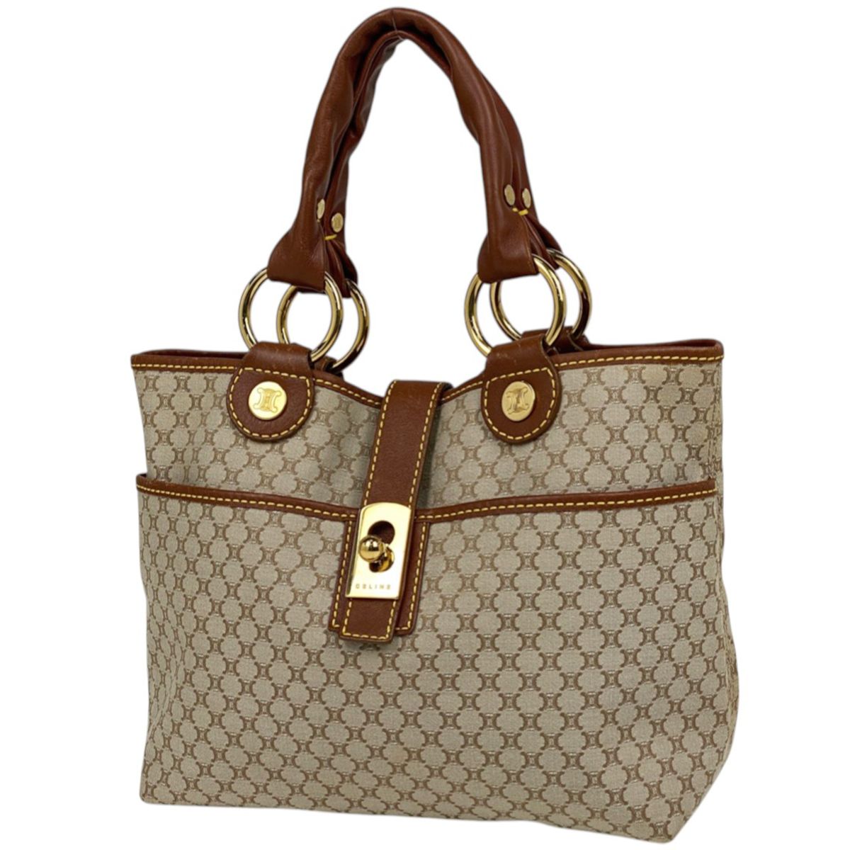 CELINE ベージュ ハンドバッグ キャンバス セリーヌ CELINE マカダム柄 トートバッグ ハンドバッグ トート