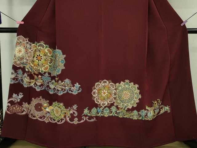 平和屋本店□極上 創業460年・千總 色留袖 駒刺繍 正倉院花鳥文 葡萄色  