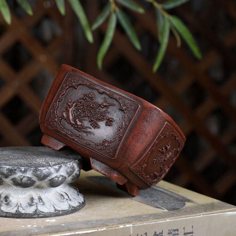 中国宜興紫砂鉢 鉄画軒四景図花窓円角大方緑