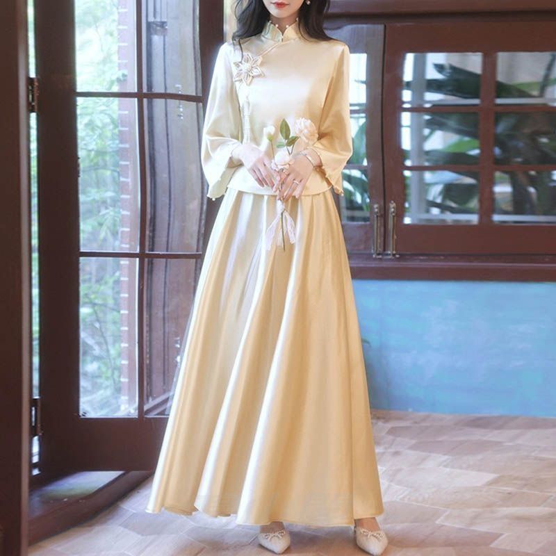 チャイナドレス ロングドレス チャイナ風ワンピース パーティードレス 結婚式ドレス 袖あり チャイナカラー 七分丈 演奏会パーティーお呼ばれドレス ゴールド 0966