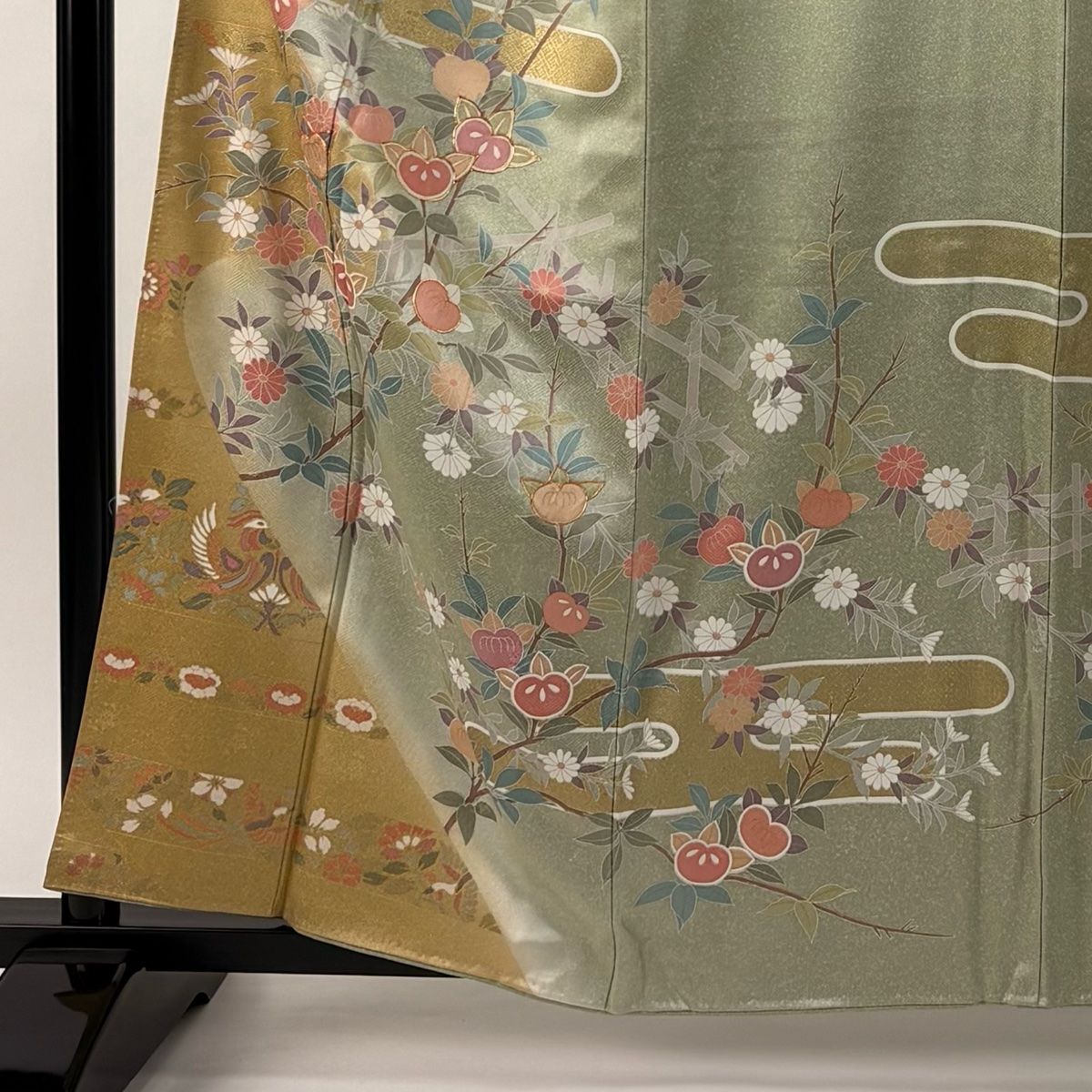 訪問着 身丈160.5cm 裄丈65.5cm M 袷 袋帯セット 橘花 ヱ霞 金糸 金彩 薄緑 正絹 名品