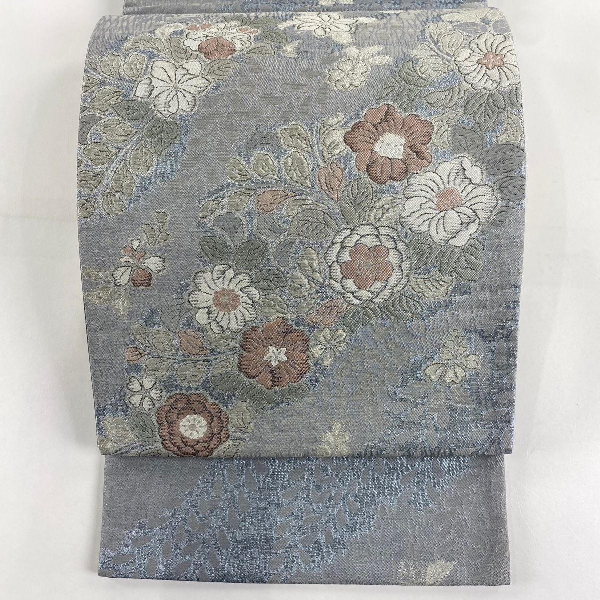 袋帯 秀品 辻が花柄 銀糸 箔 青灰色 六通 正絹