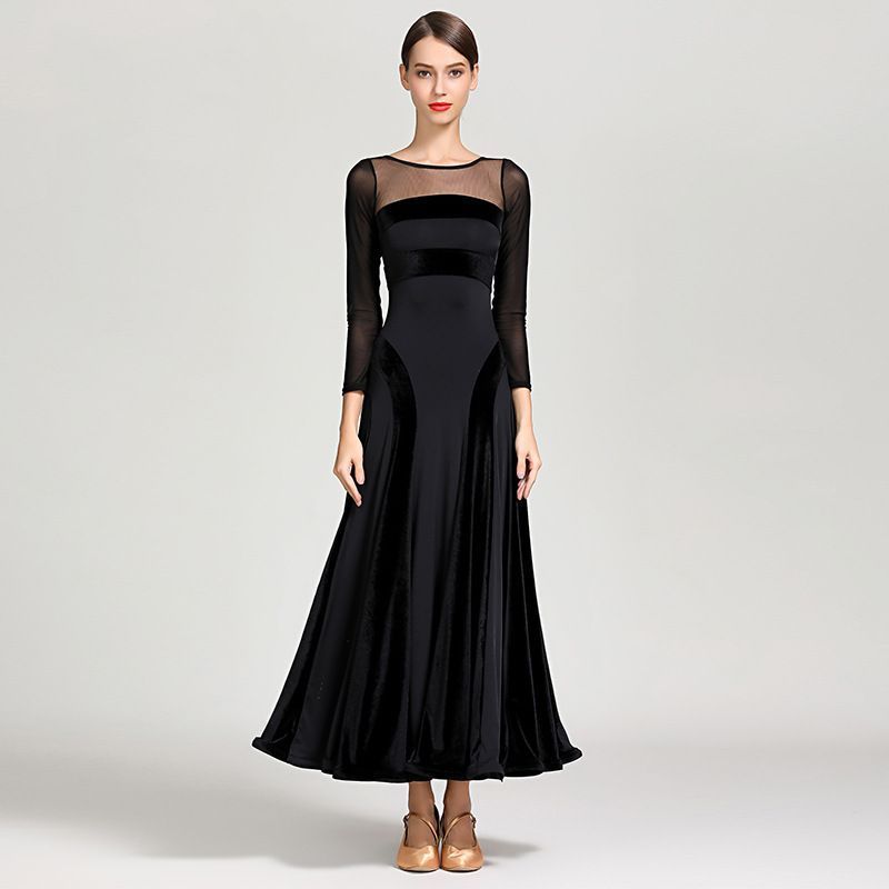 豪華モダンダンスドレス ロング丈 ワルツ 社交ダンス衣装 シースルー長袖 ステージ衣装 練習着 ドレス ブラック グリーン ワインレッド フィットスタイル 撮影会 イベント用 コス