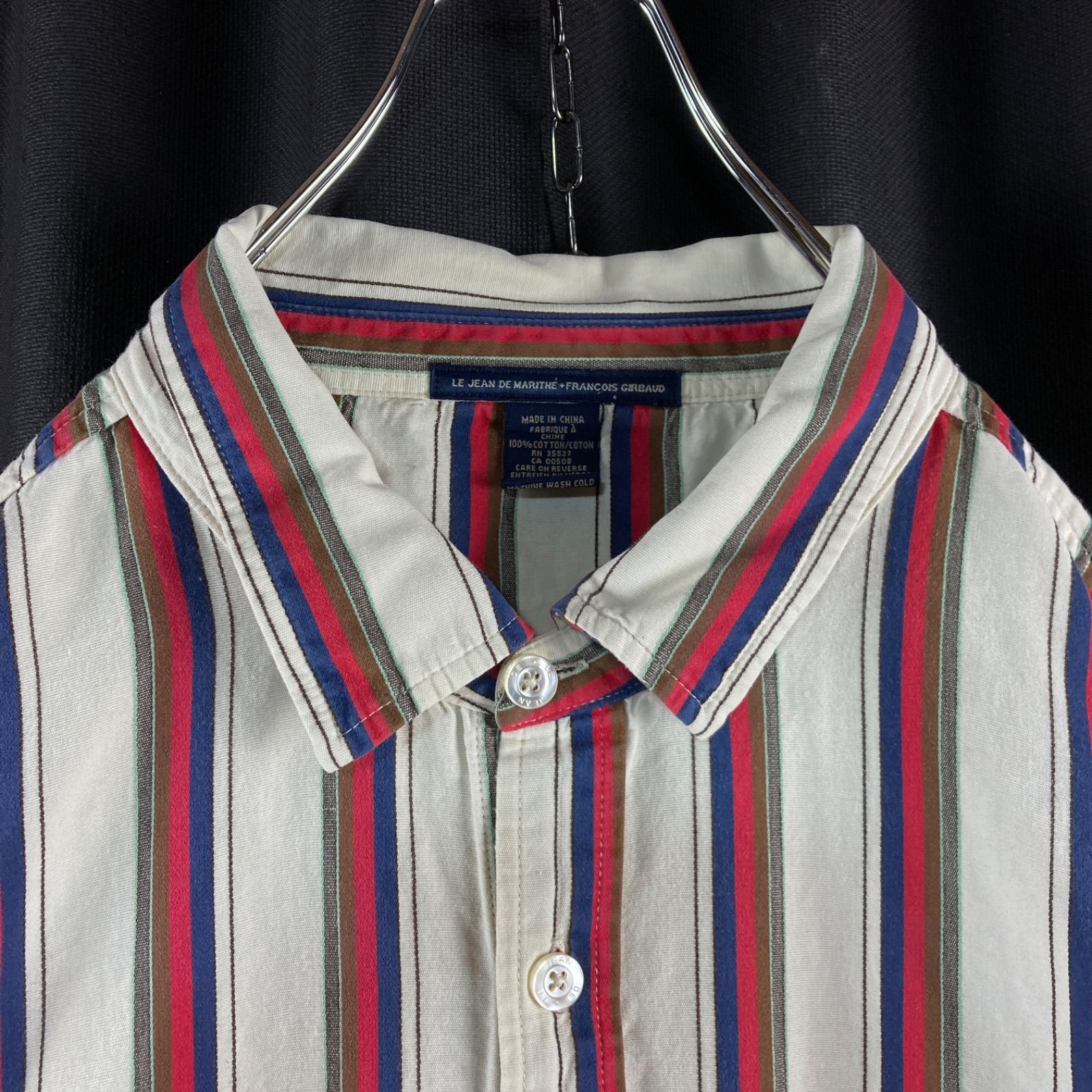 【オーバーサイズ】刺繍デザイン　マルチストライプ　長袖ビッグシャツ　淡色ブランド