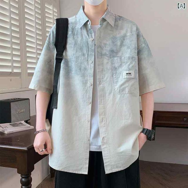 [L ]メンズ ファッション 服 男性用 オシャレ シンプル 大人 かっこいい ストリート グラデーション 半袖 シャツ 夏 カジュアル 綿 半袖 