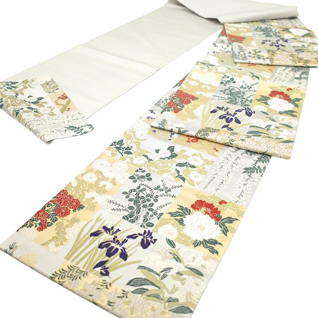 袋帯 京都 西陣 金銀糸 ピンク 紫 桜 菖蒲 撫子 梅 霞 中古 kp1773 袋帯 京都 西陣 金銀糸 ピンク 紫 桜 菖蒲 撫子 梅 霞 中古