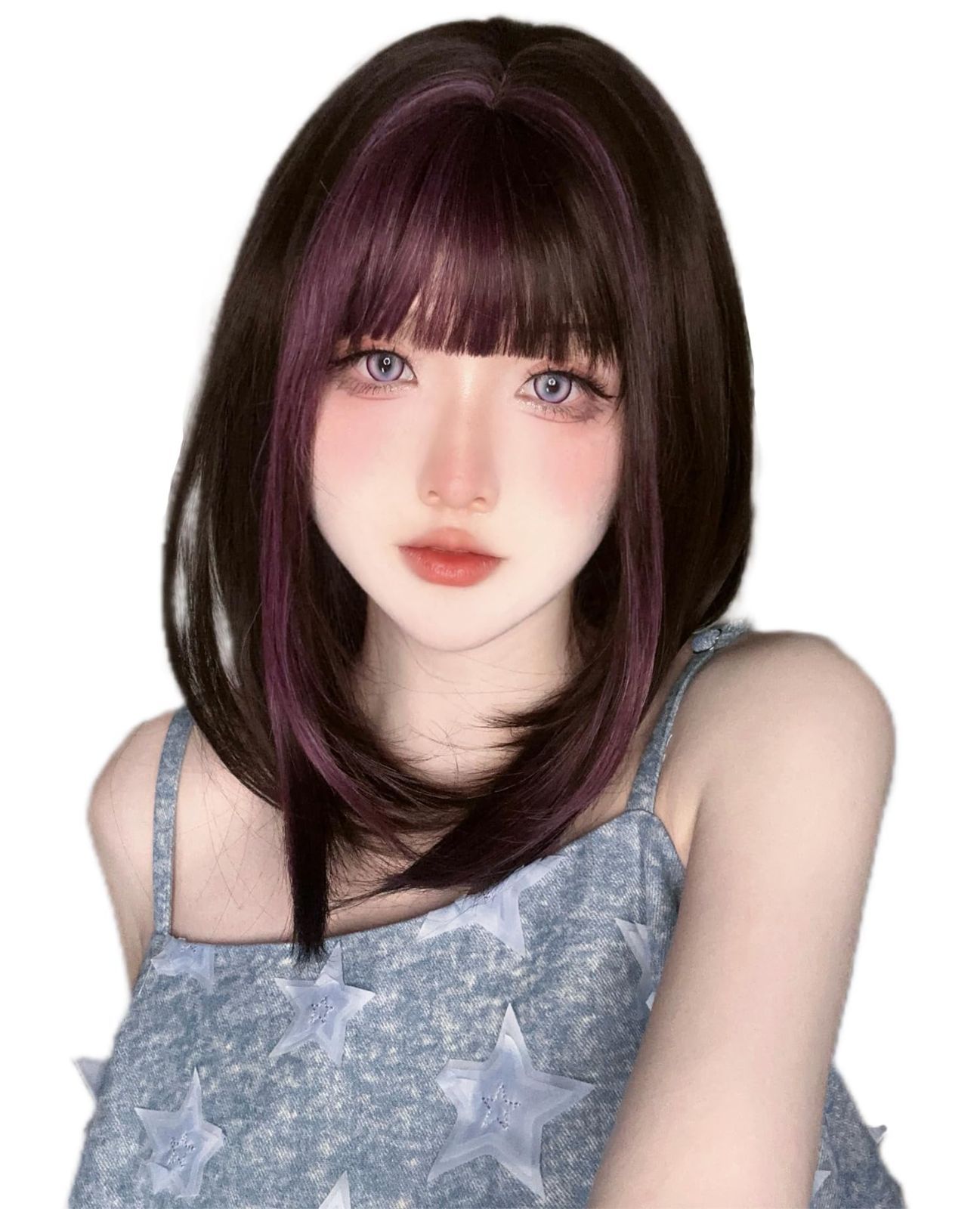 数量限定 ウィッグ セミロング ボブ ストレート インナーカラー 自然 ミディアム フルウィッグ 女装 耐熱 かつら さらさら ロリータ 小顔効果 wig 原宿 ネット/櫛付き ブラックパープル