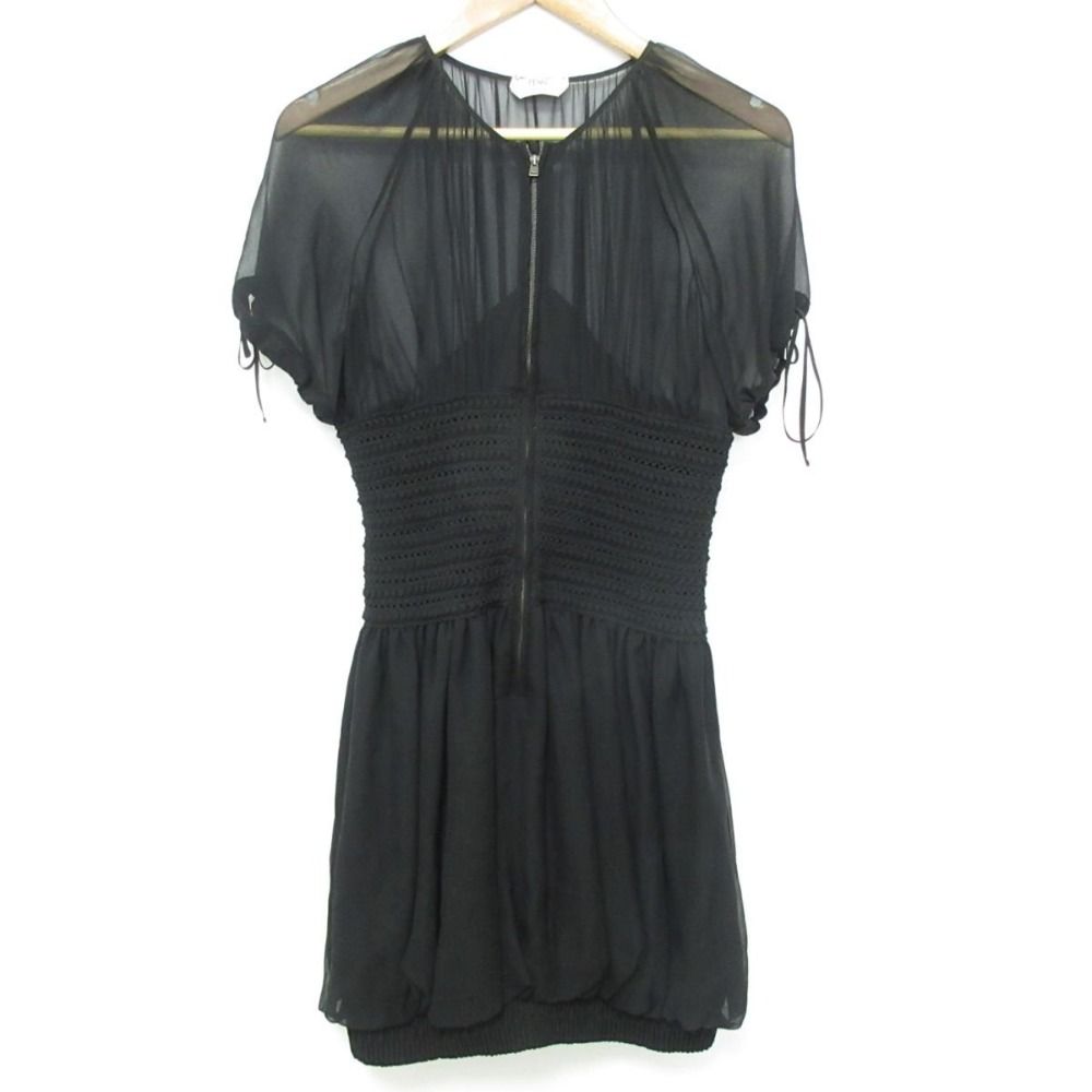 美品 FENDI フェンディ 半袖 シフォン×ニット ウエストマーク ひざ上丈  