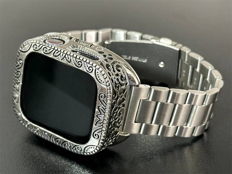 z銀鎧 Apple Watchバンド 316Lステンレスベルト アップルウォッチ重厚メタルカバー 彫刻調精密ケース メンズ レディース 44mm45mm46mm49mm ultra ウルトラ バンドのみ全サイズ シリーズ対応 取り付け時ネジ不要