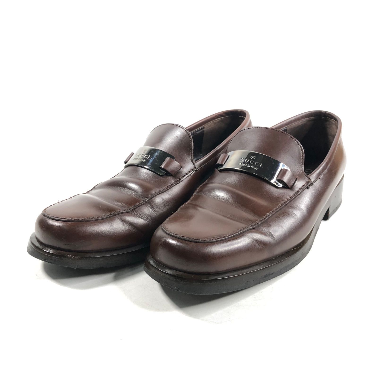 A0416-3-A GUCCI グッチ ロゴ プレート レディース パンプス ローファー ブラウン 36 1|2