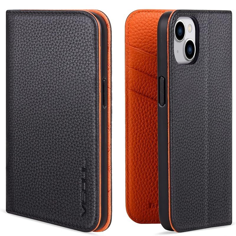 VISOUL iphone14 ケース 本革 スマホケース レザー 手帳型 アイフォン14 カード収納 携帯 全面保護 柔軟なTPU素材 マグネット式 スタンド機能付き アイホン14 対応 6.1インチ オレンジ 0