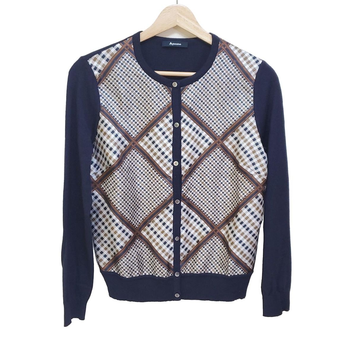 Aquascutum アクアスキュータム カーディガン サイズ9 M レディース - ダークネイビー×アイボリー×マルチ 長袖