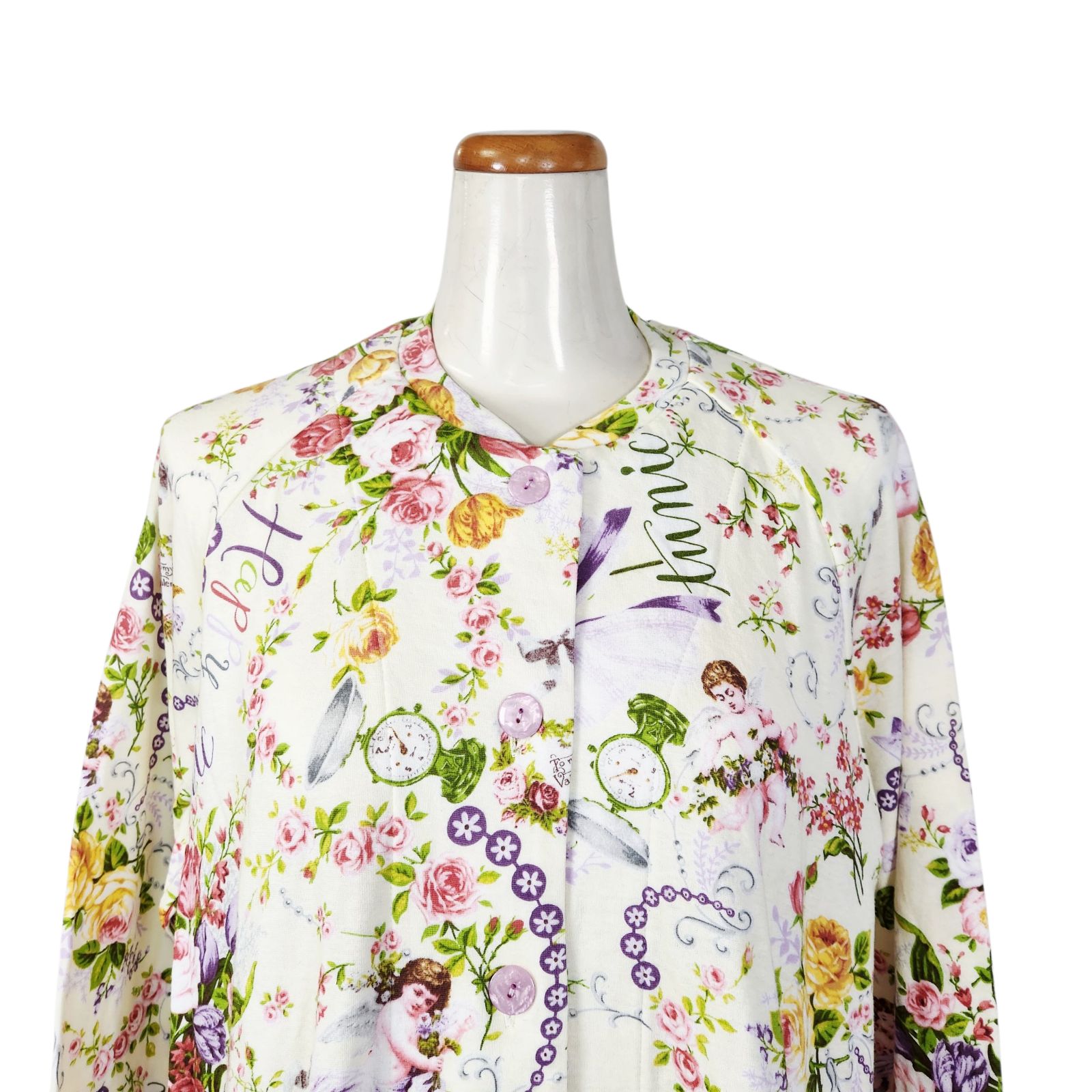 鴨居羊子パジャマ ♥ TUNIC 秋冬物 長袖 前開き全開パジャマ 40接結 大バラ天使 淡クリーム色36385