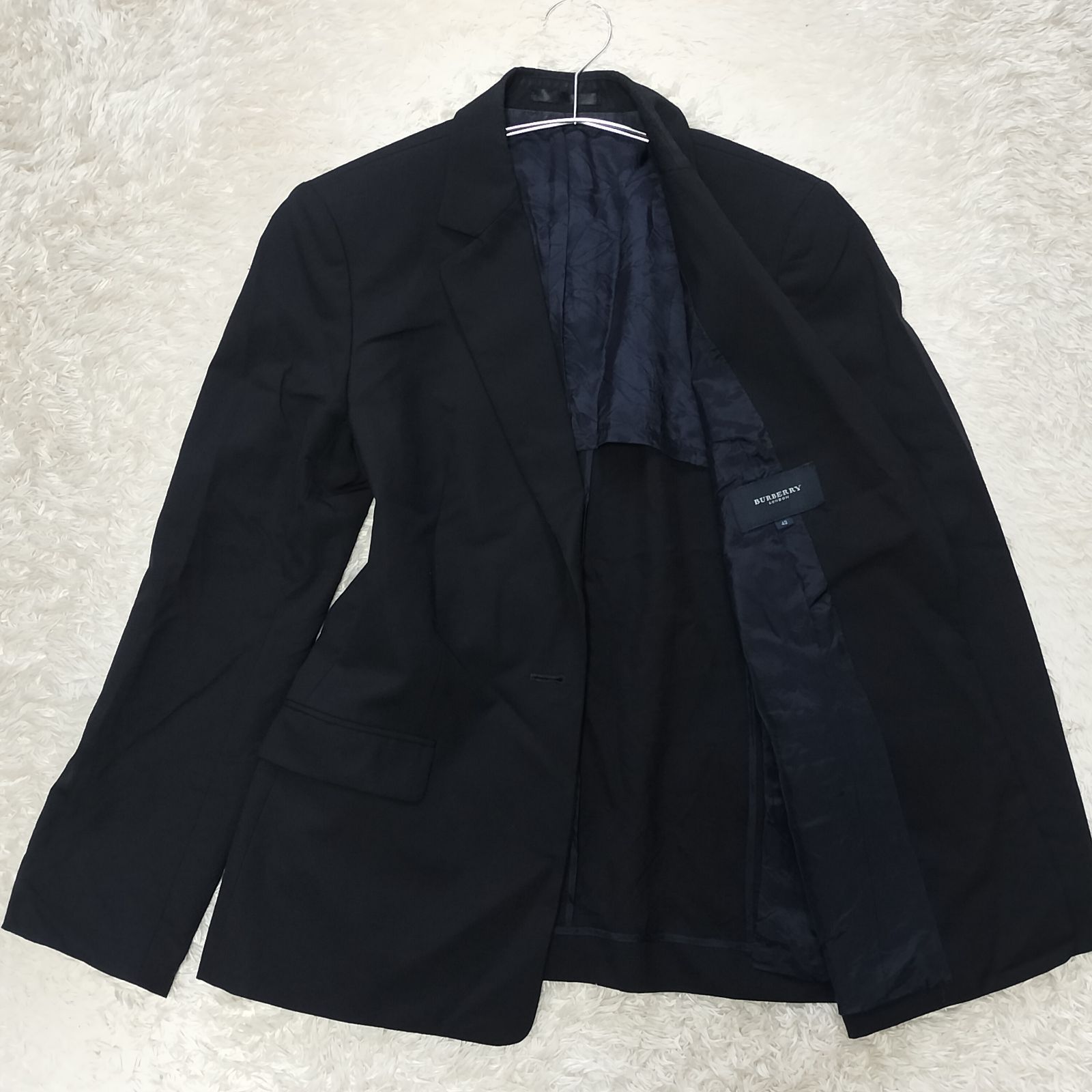 BURBERRY LONDON カシミヤ混 テーラードジャケット 42サイズ L相当 ネイビー 薄手 1ボタン ウール