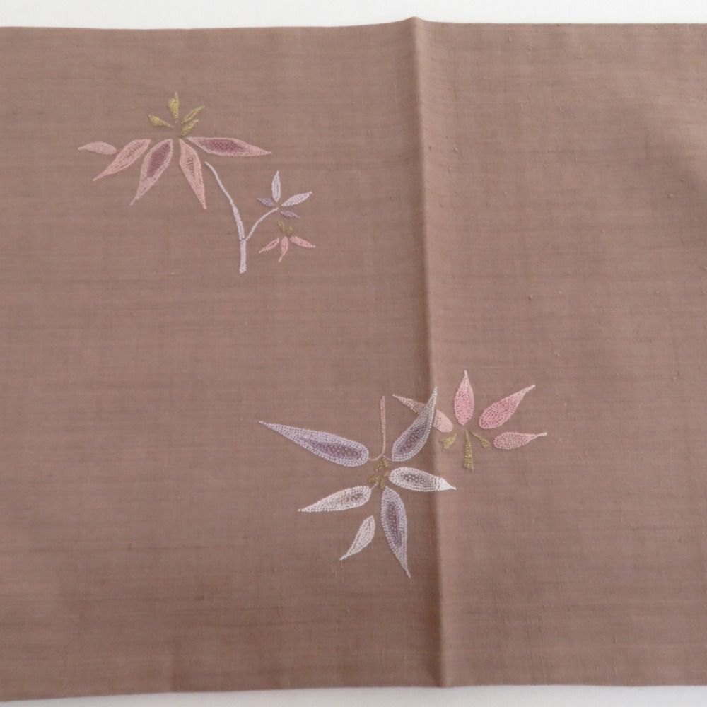 袋帯 洒落袋帯 さがら刺繍 竹文様 お太鼓柄 茶色 紬地 正絹 長さ456cm