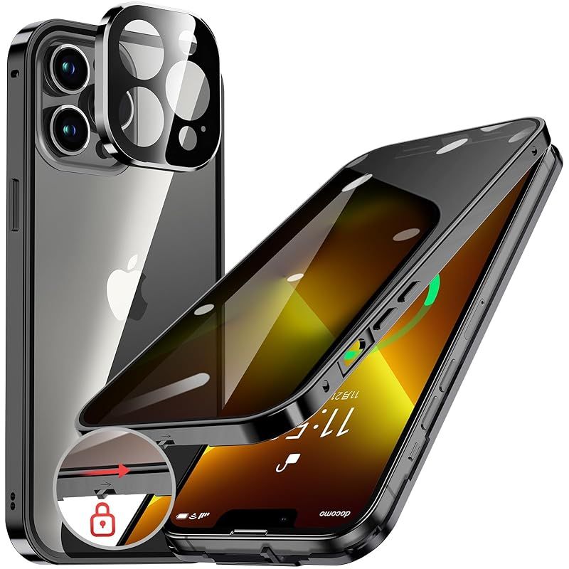 HGUTREY【覗き見防止・自動ポップアップボタン】 iPhone13 Pro 用 ケース 【ロック付き】【ストラップホール付き】一体型レンズ保護 両面9H強化ガラス iPhone13プロケース 耐衝撃 アルミ バンパー 