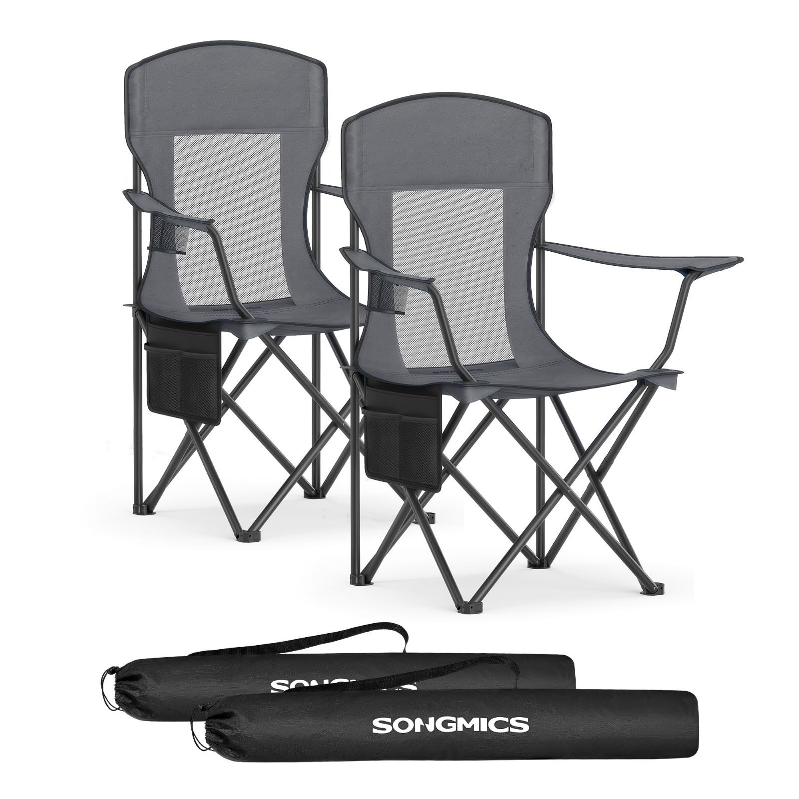 商品 SONGMICS アウトドアチェア 2点セット アウトドア 折りたたみ式チェア ハイバック 調節 アームレスト カップホルダー付き 耐荷重150kg グレー GCB028G01