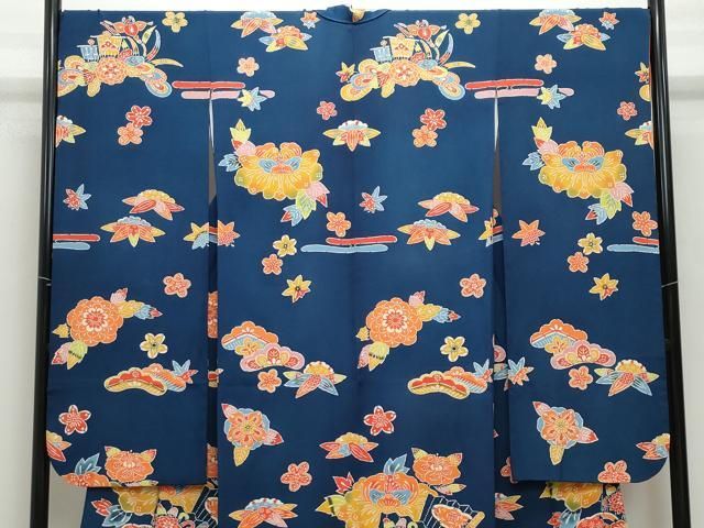 平和屋着物●豪華振袖 型染め 檜扇草花文 鬼しぼ縮緬 ロング丈 正絹 CAAZ0821vf