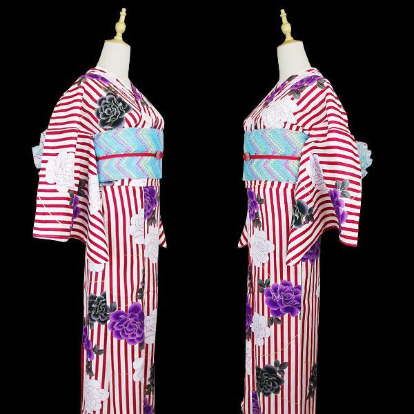 白・赤縦縞ストライプ地に、白・黒・紫の薔薇の浴衣 浴衣単品 ゆかた