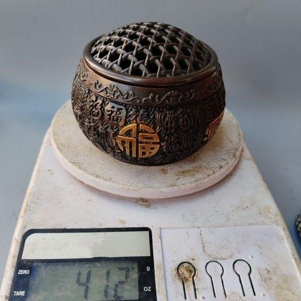銅細工 百福網蓋香炉 香道具 装飾品 工芸品 美術品 置物 銅 細工 竹で編んだ網 百福 香炉 香道具 工芸品 美術品 置物