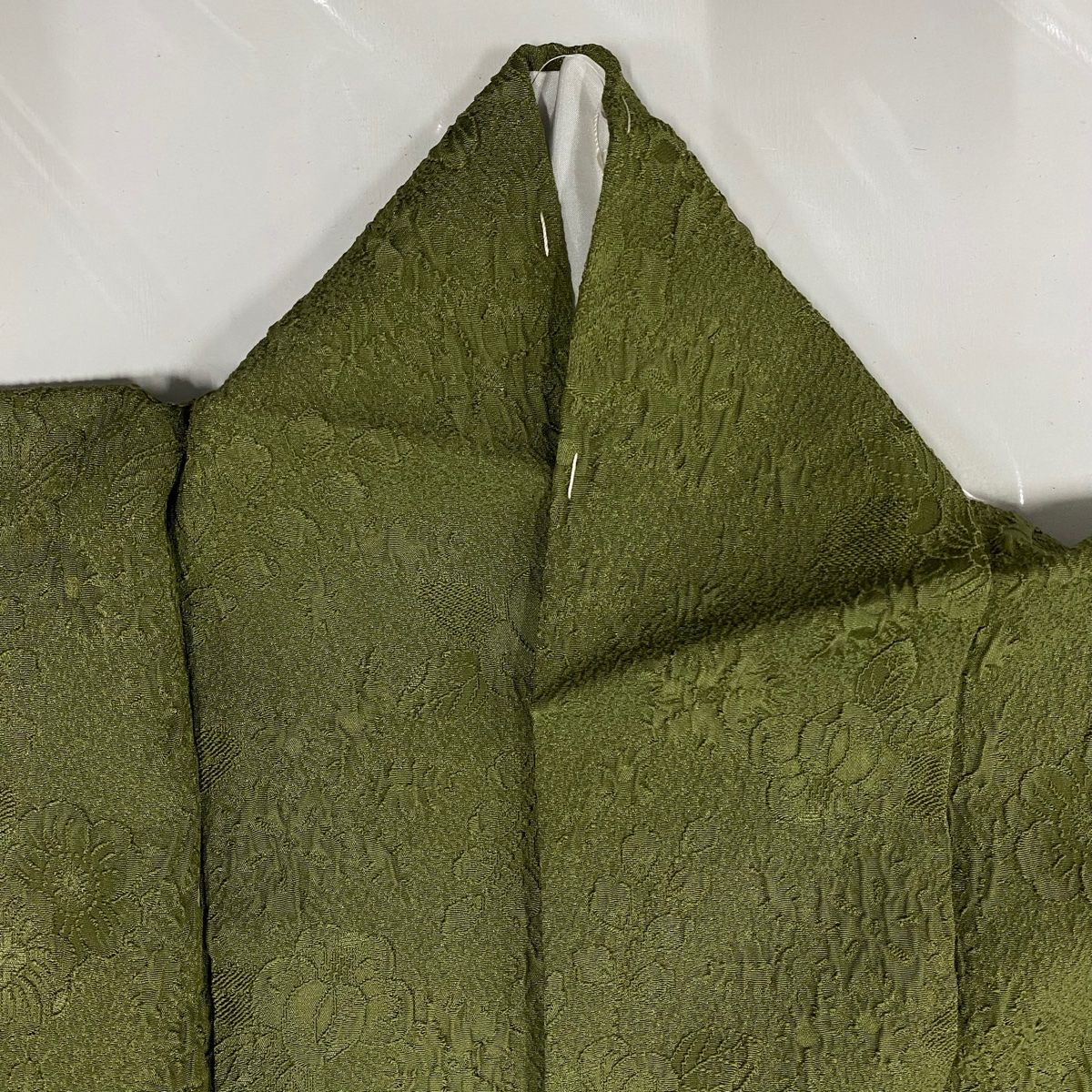 付下げ 身丈160.5cm 裄丈67cm M 袷 草花 刺繍 茶緑色 正絹 美品 秀品  