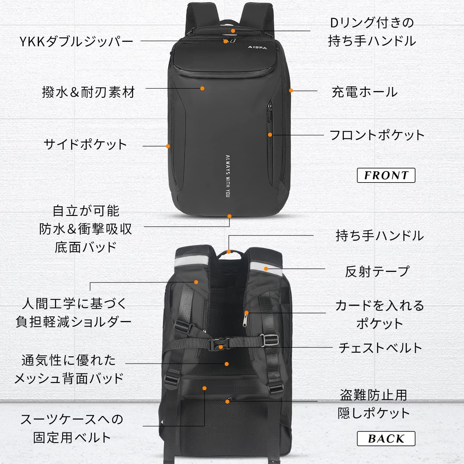 AISFA リュック メンズ YKKダブルジッパー リュックサック バック