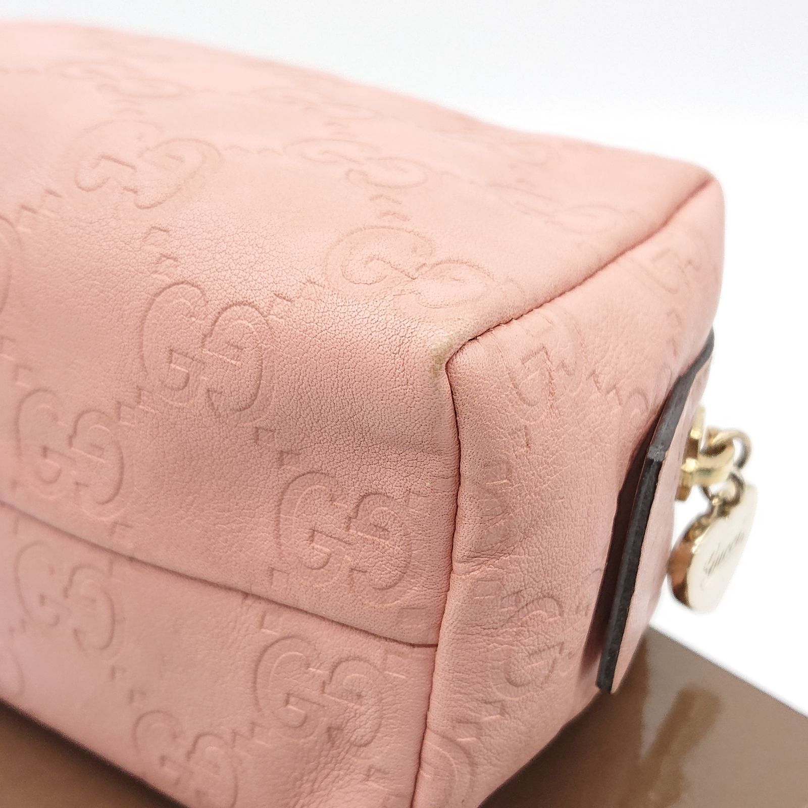 希少カラー グッチ アクセサリーポーチ GGキャンバス レザー ピンク GUCCI グッチ ポーチ シマ GG ピンク レザー ハート メイク