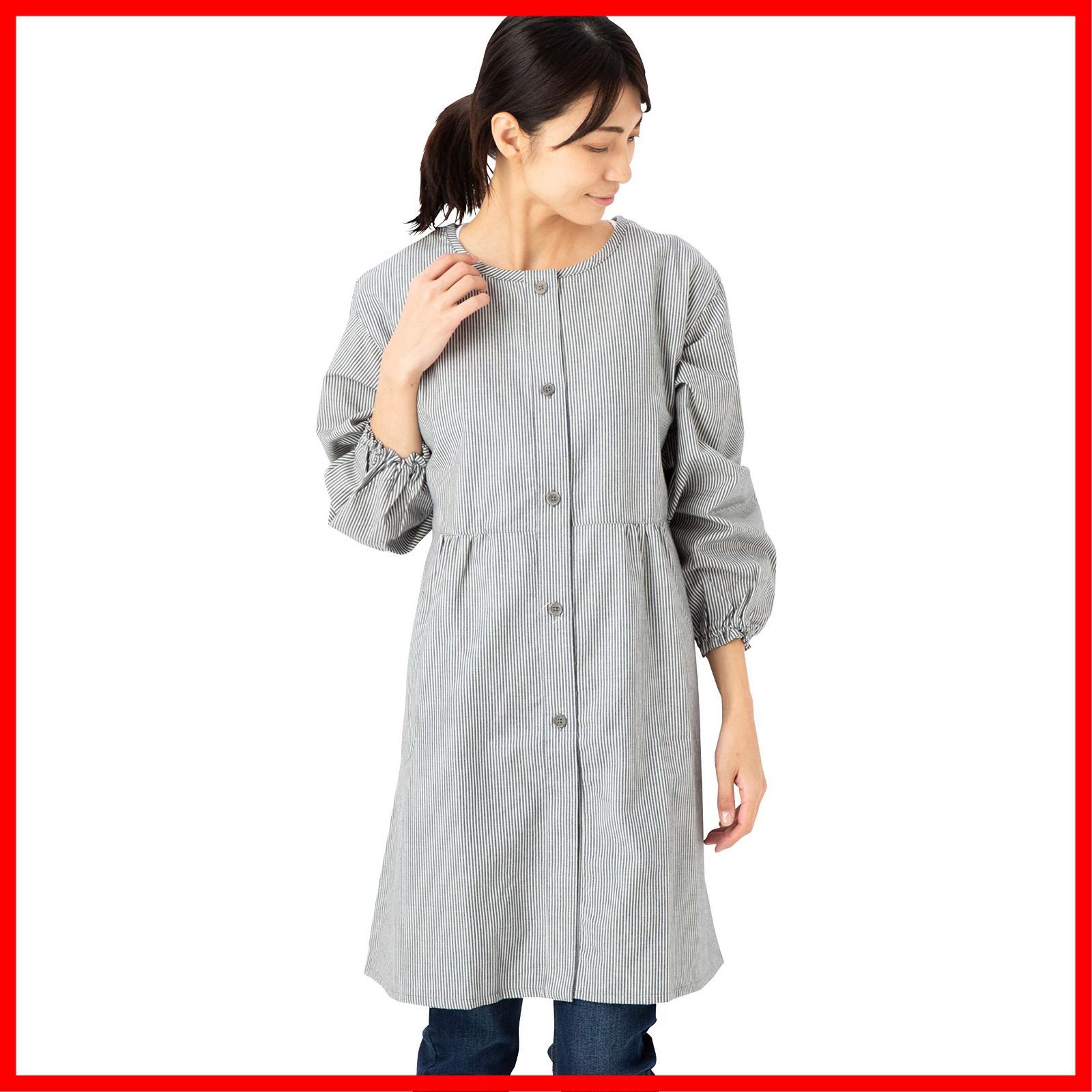 和柄 フリーサイズ エプロン 久留米織前ボタン割烹着 グレーストライプ 綿の郷 ワタノサト