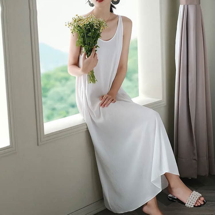 シルク ノースリーブ ワンピース ロングワンピース マキシ丈 マキシワンピース 春 夏 体型カバー 大きいサイズ きれいめ レイヤード風 タンクトップ おしゃれ dkhsh591248