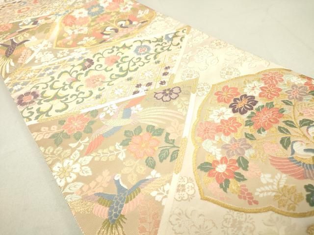 正絹袋帯向かい鳥花唐草 袋帯 美品 秀品 向かい鳥 草花 金銀糸 箔 金色 六通 正絹｜中古