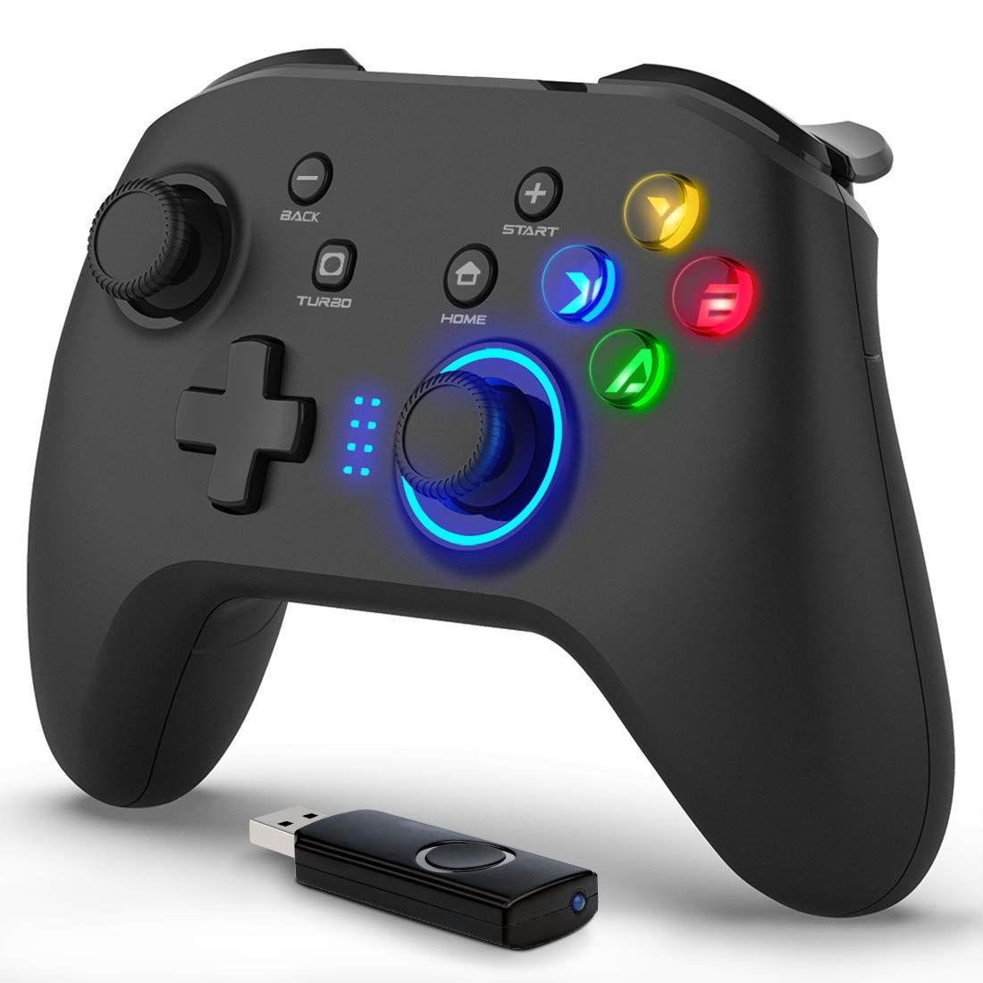 ワイヤレスコントローラー pc 2.4G無線ゲームパット 背面ボタン マクロボタン HD二重振動機能・連射機能・キーの組み合わせ機能 LEDバックライト 約8時間使用可能 有線と無線両用 USBレシーバ