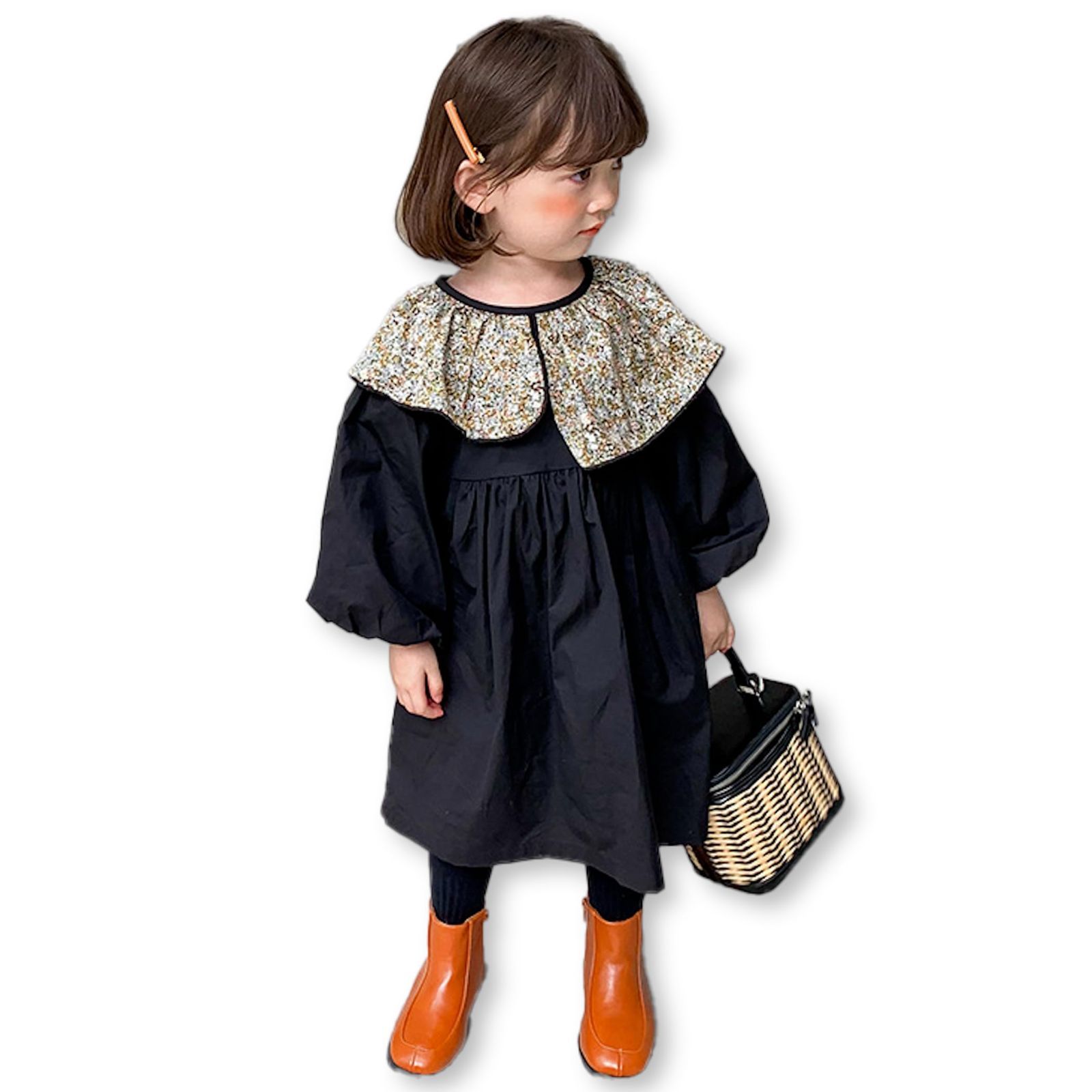 【新着商品】女の子 発表会 結婚式 卒園式 入学式 ブラック 長袖 バルーンスリーブ 襟 花柄 ワンピース キッズ [Lezalic]