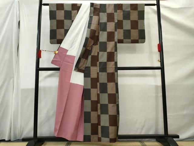 平和屋着物□上質な紬 格子 ロング丈 正絹 逸品 AABB1894mf