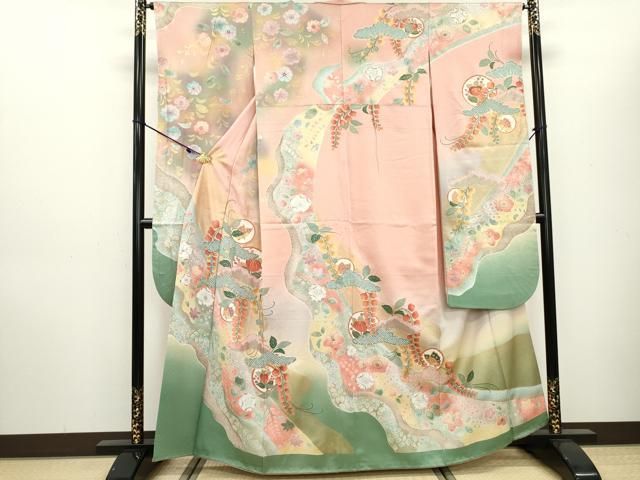 豪華振袖　作家物　絞り　舞花文　暈し染　金彩　着丈167.5cm　正絹 平和屋着物▽豪華振袖 絞り 辻が花 舞蝶花丸文 暈し染 金彩 正絹