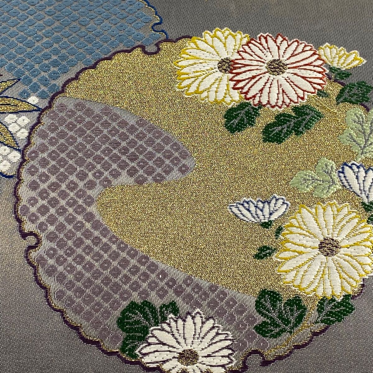 正絹 六通袋帯【刺繍 花々 雪輪】