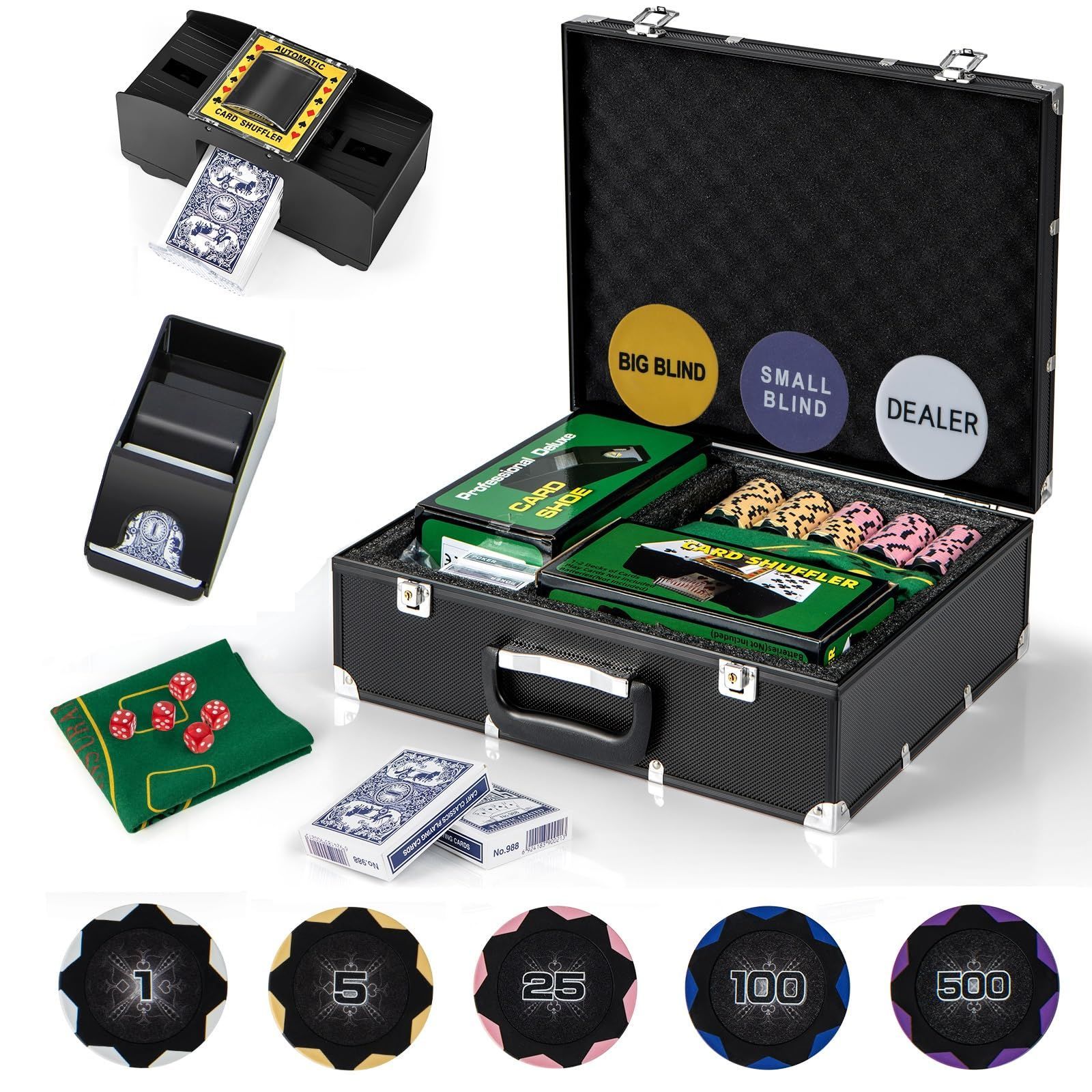 チップセット カジノチップ チップ300枚 カジノゲーム 数字入り カジノセット ポーカーセット ブラックケース-カードシュー-カードシャッフラー ポーカーチップ ト-ランプ-サイコロ-マット付き BestBuy ブラック300枚数字14g