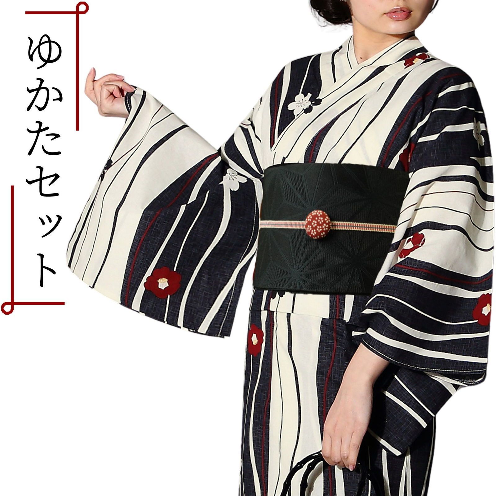 浴衣 セット レディース 浴衣セット モダンストライプ 半幅帯 下駄 ゆかた レトロ セット 5点セット 浴衣＋帯＋下駄＋髪飾り＋帯飾り フリーサイズ 20代 30代 40代 50代 60代 生成り 黒