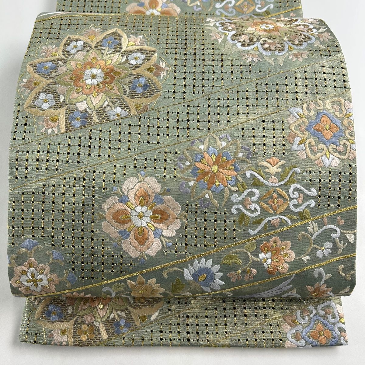 袋帯 華文 尾長鳥 金糸 刺繍 薄緑 六通 正絹